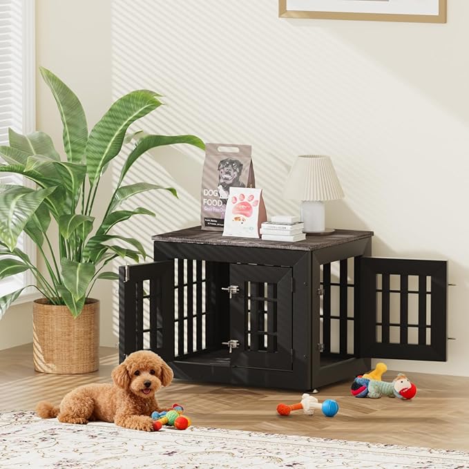 26" Heavy Duty Dog Crate Furniture for Small,Medium and Large Dogs,Rustic Wooden Dog Cage Kennel Indoor Furniture with Waterproof Top,Decorative Pet House Side End Table (Black & Grey)