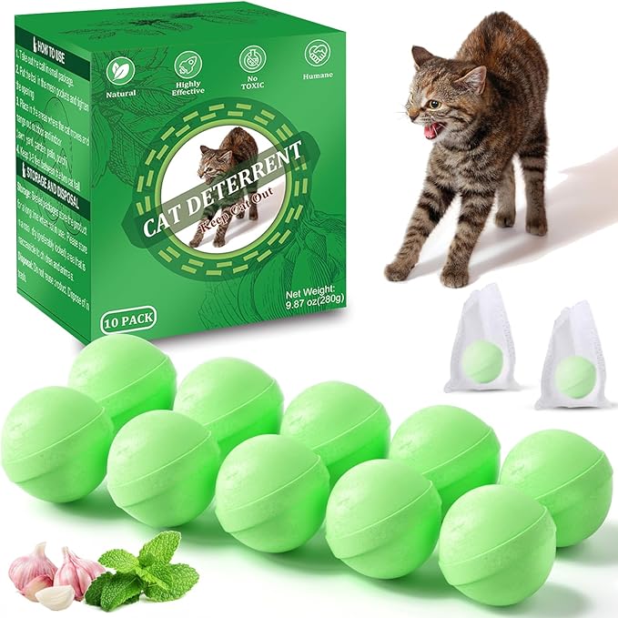 VITAFOR Cat Deterrent Outdoor, 10 Pack Natural Peppermint Oil Cat Deterrent Balls Outdoor Indoor Keep Cats Out of Yard Garden Lawn Prevent Scratch and Chew (Green)