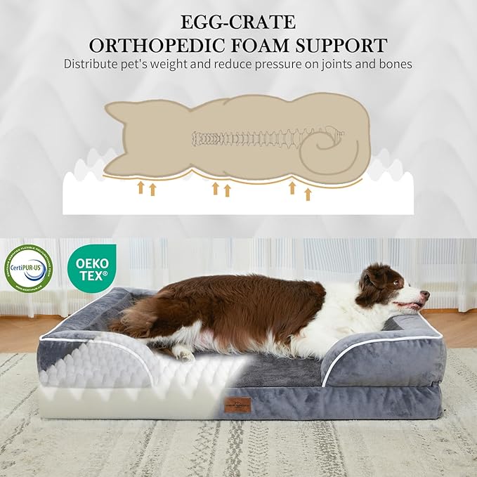 Comfort Expression Orthopedic Dog Bed for Extra Large Dogs 53x42 Inch, Waterproof Egg Crate Foam XXL Pet Bed with Removable Bolsters, Dog Couch with Washable Cover & Non-Slip Bottom, Dark Grey