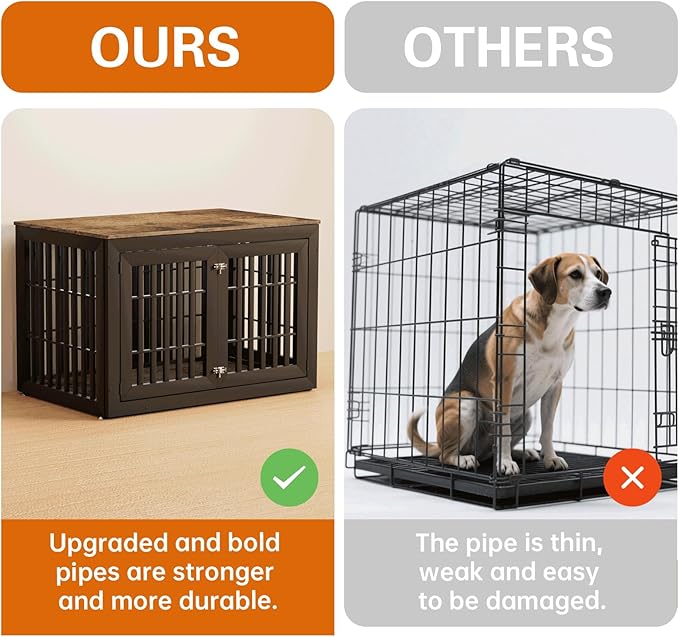48" Heavy Duty Dog Crate Furniture for Small,Medium and Large Dogs,Rustic Wooden Dog Cage Kennel Indoor Furniture with Waterproof Top,Decorative Pet House Side End Table (Black & Wood)