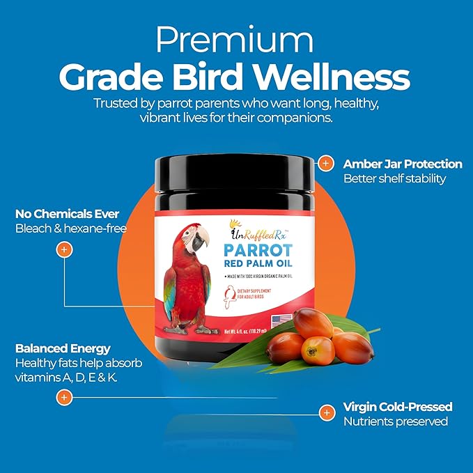 UnRuffledRx™ Red Palm Oil for Birds & Parrots - Provides Nutritional Support - Ethically Produced Organic Red Palm Oil to Support Feather & Skin Health