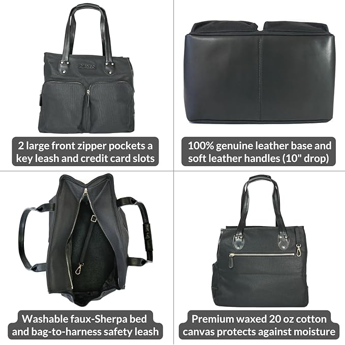 DJANGO Waxed Canvas & Leather Dog Carrier Tote Bag – Premium Soft-Sided Travel Dog Purse with Safety Leash, WR Lining, Zipper Pockets – Everyday Pet Carrier for Small Dogs up to 20 lbs (Black, Large)