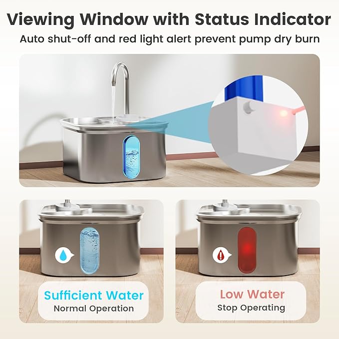 Cat Water Fountain Stainless Steel, 108oz/3.2L Quiet Automatic Cat Fountain for Drinking, Safe Auto Shut-Off, Large Square Pet Water Dispenser for Dogs Indoor with 1 Replacement Filter