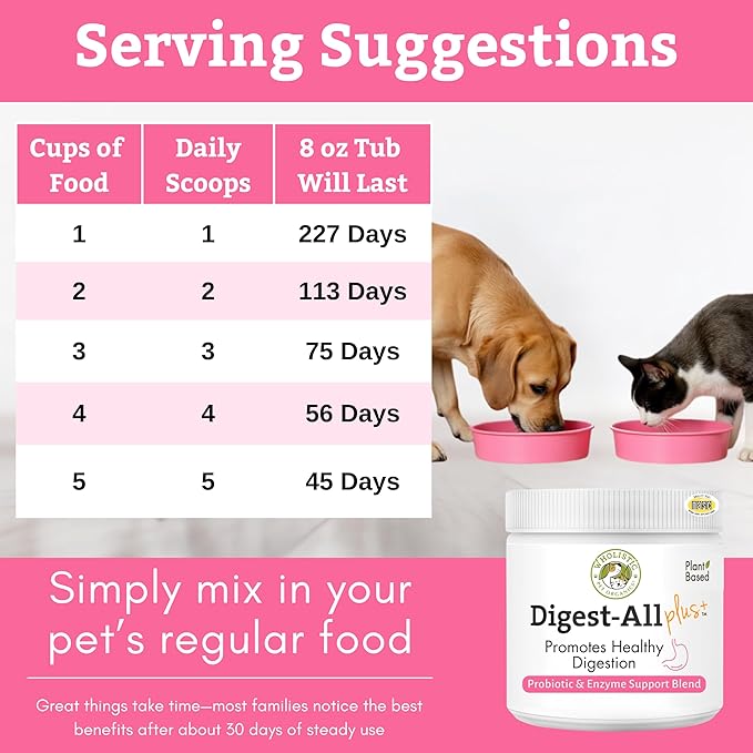 Wholistic Pet Organics Probiotics for Dogs with Digestive Enzymes & Prebiotic Fiber - 8 Oz - Daily Cat & Dog Probiotics for Digestive Health, Anti Diarrhea & Gut Support - Cat Probiotic - 227 Scoops