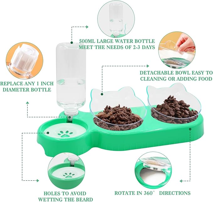 Triple Cat Bowls - 15 Tilt 3-in-1 Water Feeder Bowls with Automatic Water Bottle, Whisker Friendly Elevated Feeding Dishes for Small Cats and Puppies (Mint Green)