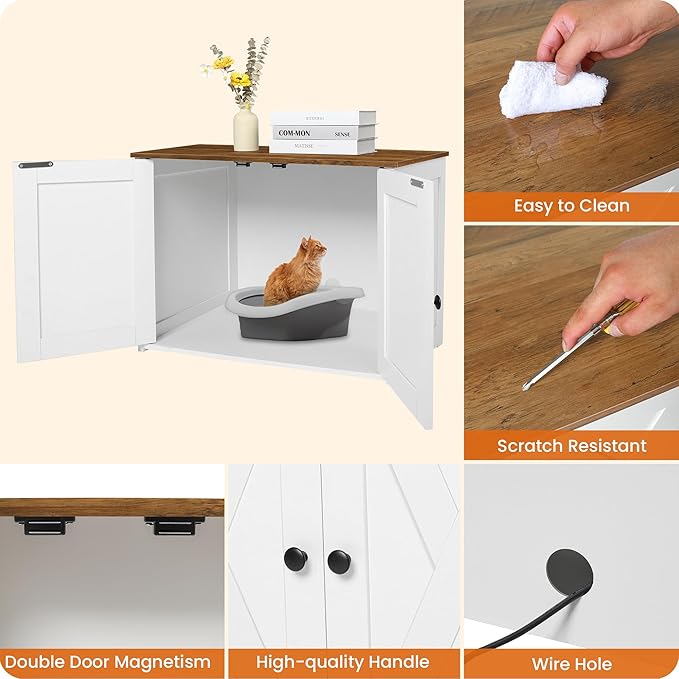 Dwanton Litter Box Enclosure, Cat Litter Box Furniture Hidden, Reversible Entrance Can Be on Left or Right Side, Wooden Cat Washroom Indoor, White and Warm Brown, 27.6 Inches