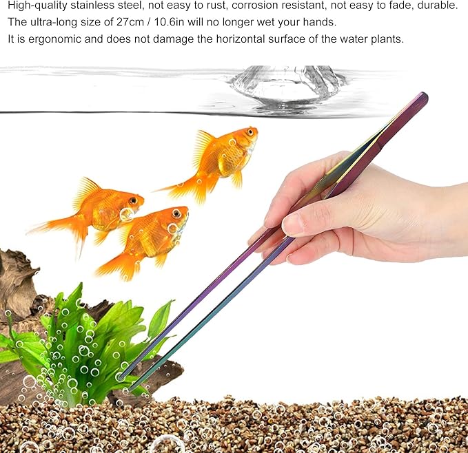 AYNEFY Aquarium Long Planted Feeding Tongs, Stainless Steel Colorful Straight Tweezer Aquarium Plant Maintenance Tools for AquaticPlants 10.6 Inches (27cm Straight Clip)