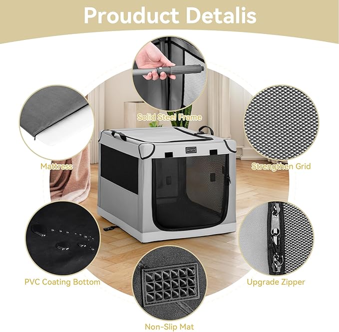 PETSFIT Portable Dog Crate for Medium Dogs, – 30" Soft Dog Travel Crates with Lockable Zippers & Thicken Mat, Adjustable Patented Spiral Steel Frame, Collapsible Kennel for Indoor & Outdoor