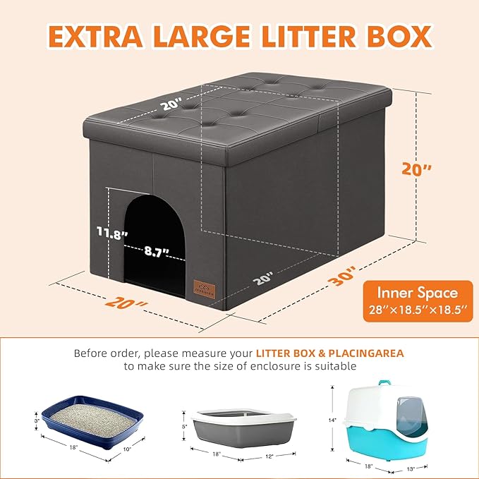 Cat Litter Box Enclosure Furniture for Odor Control, Hidden Cabinet Cat Litter Box Furniture Ottoman with Flip-Up Lid,Cats Litter Box Bench with Storage Space, Dog Proof (Gray-Faux Leather, X-Large)