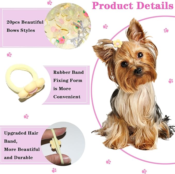 20pc Handmade Puppy Hair Bows Yellow, Cute Bowknot Top Knot with Elastic Bands for Yorkie Grooming