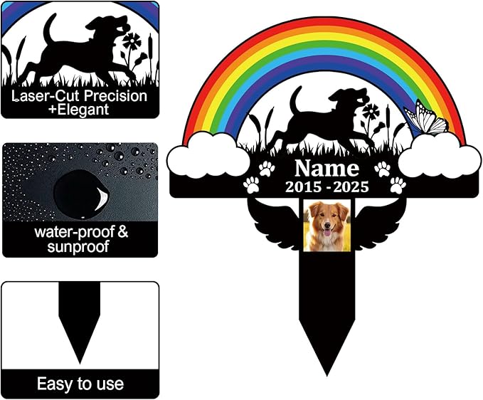 Pet Grave Markers Dog,Metal Pet Headstone for Lost Dog Sympathy Gift,Waterproof Dog Grave Markers for Garden or Indoor,Dog Tombstone Garden Memorial Graves (Rainbow Bridge Dog(Colorful))