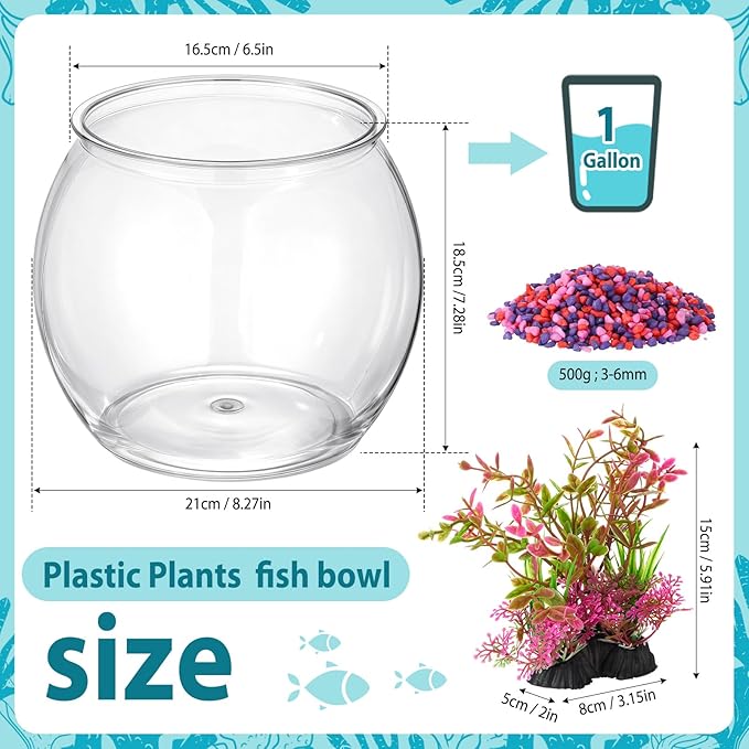 1 Gallon Plastic Fish Bowl with Artificial Plastic Plants and 1 lb Decorative Gravel Shatterproof Clear Round Goldfish Betta Tank, Small Fish Bowl/Aquarium for Table Centerpiece Home Decor