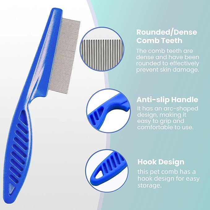 5 Pack Flea & Lice Comb Set for Cats, Dogs & Kids – Stainless Steel Fine Tooth Nit Comb Kit with Double-Sided Tear Stain Remover, Grooming Brush & Peine para Piojos for Thick Hair (Blue)