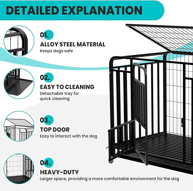 43.3×29.5×35.4 in Heavy Duty Dog Crate, Alloy Steel Material Dog Kennel, with 3 Doors 4 Lockable Wheels 1 Removable Trays, Dog Cage Kennel for Small to Medium Dogs (43 in)