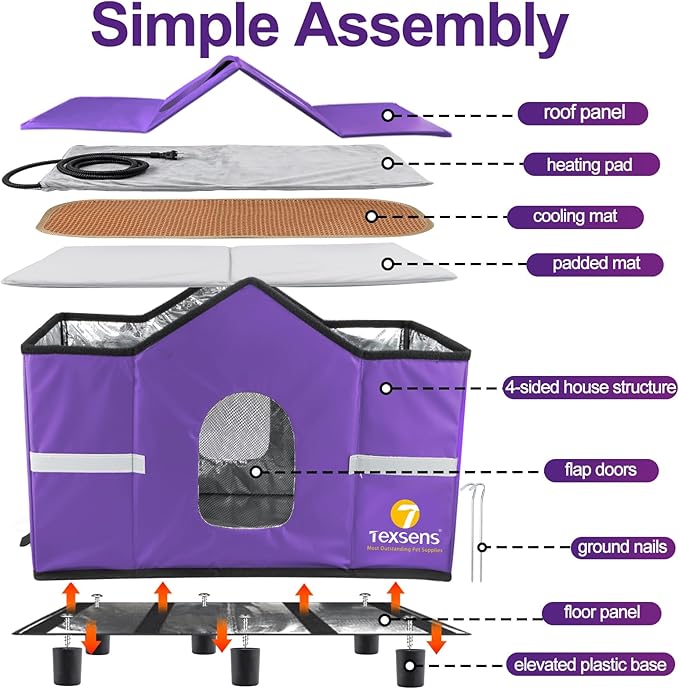 Texsens Heated Cat House for Outside Winter - Weatherproof Large Outdoor Cat Shelter with Roof Window- Insulated Elevated House for Stray/Barn Cats - Ideal Waterproof Feral Cat House (Heated-Purple)