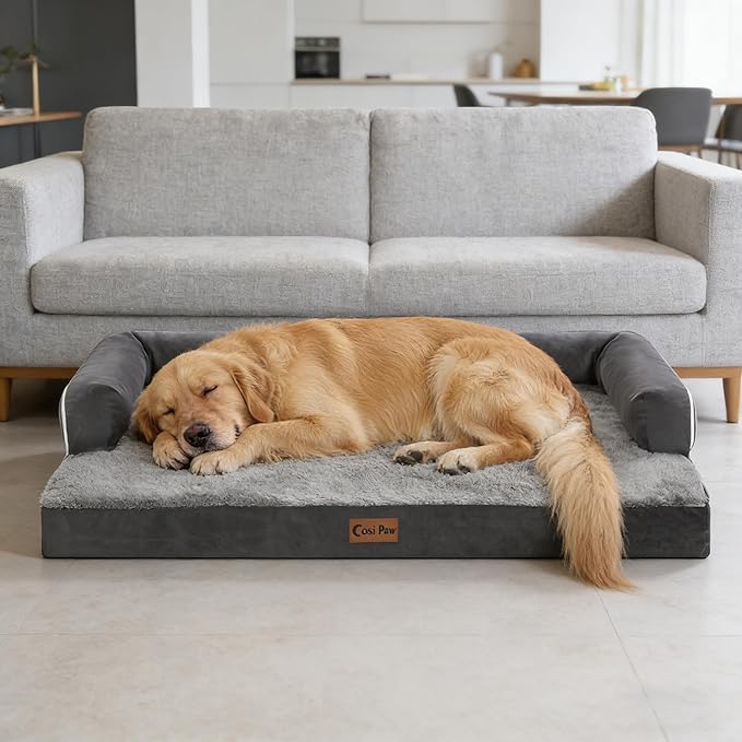 Orthopedic Dog Beds for Extra Large Dogs, Waterproof Egg Crate Foam XL Dog Bed with Sides 48x30Inch, Big Dogs Couch Beds with Removable Washable Cover and Nonskid Bottom, Dark Grey