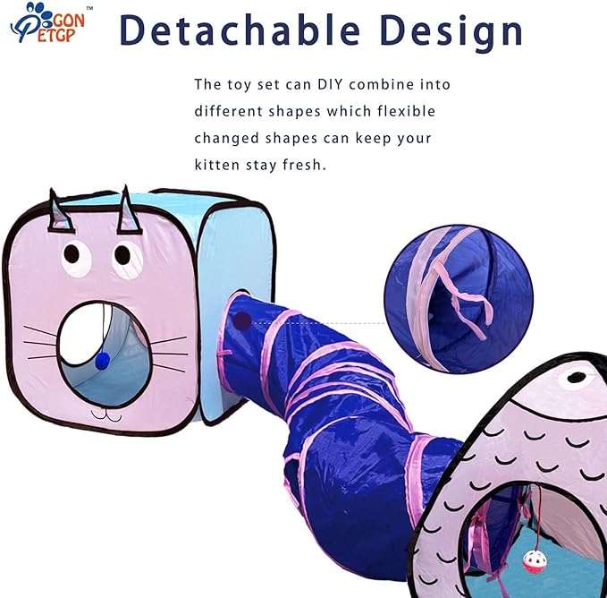 Cat Tunnel for Indoor Cats with Cube Tent Toys Combo, Crinkle Paper Collapsible Interactive Pet Cat Tubes with Play Ball and Bell for Puppy, Kitty, Kitten, Rabbit (3 in 1 Set)