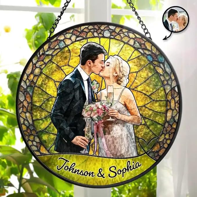 Personalized Couples Photo Stained Glass Catcher, Custom Photo Portrait Couple Family Stained Glass Window Hanging Catcher, Gifts for Newlyweds, Wedding, Couple, Valentine's Day Gift/21