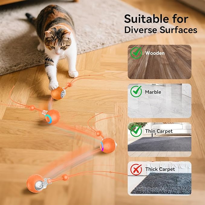 Interactive Cat Toys Ball for Indoor Cats Fast Rolling on Carpet, Chirping & Motion Activate Cat Toys, 3 Modes, Fast/Normal/Slow, ON/Off Sound