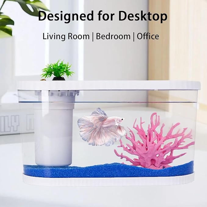 2.2 Gallon Fish Tank Kits,Small Aquarium Starter Kit,Nano Desktop Tank with Quiet Filter, Lid,Color-Changing Light&Decor for Betta Shrimp Guppy Jellyfish Goldfish Beta(12.6 * 7 * 5.6 Inch)