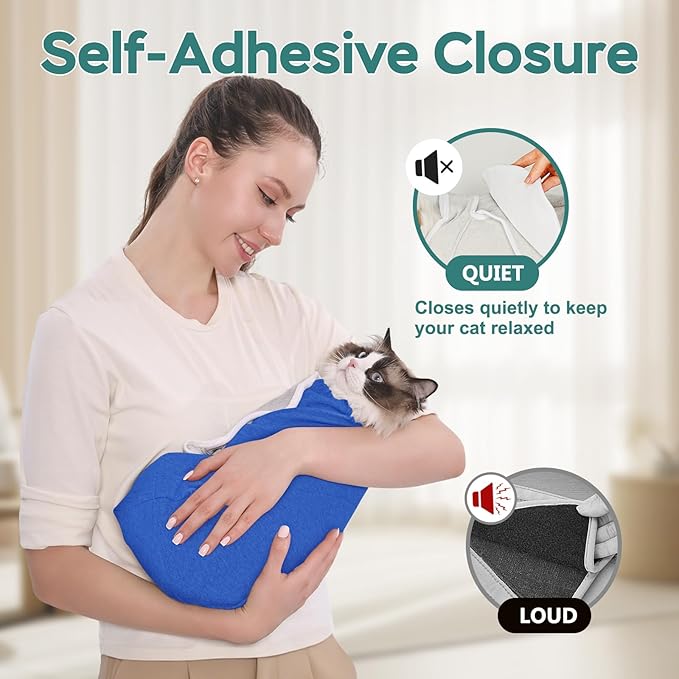 Self-Adhesive Cat Grooming Wrap, Cozy Cat Wrap for Cutting Nails, Breathable Anti-Scratch Cats Swaddle Bag for Brushing, Ear Cleaning, Dental Care, Medication, Injections,Blue S