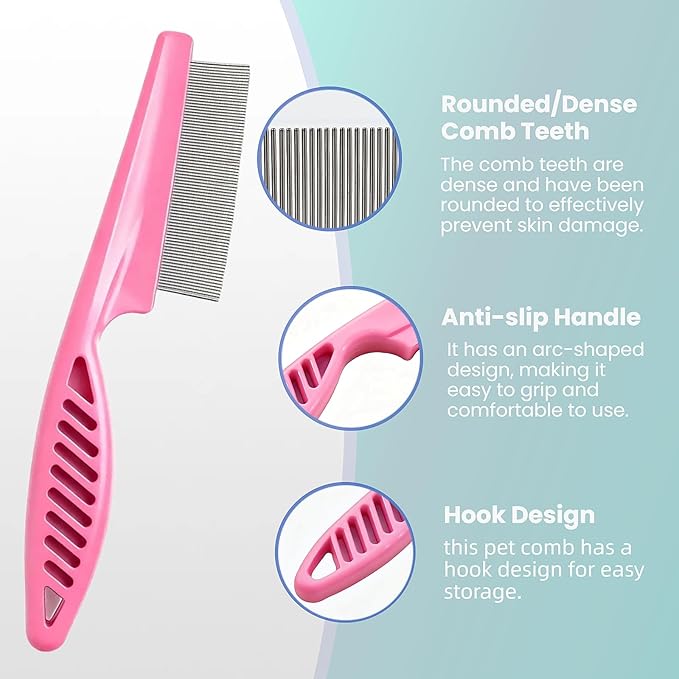 5 Pack Flea & Lice Comb Set for Cats, Dogs & Kids – Stainless Steel Fine Tooth Nit Comb Kit with Double-Sided Tear Stain Remover, Grooming Brush & Peine para Piojos for Thick Hair (Pink)