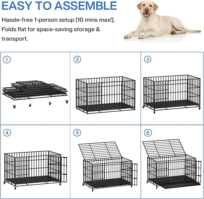 LEMBERI 48 Inch Heavy Duty Dog Crate, Indestructible Dog Kennel Indoor, Escape Proof Pet Cage for Large Dogs, High Anxiety Dog Crate with Double Door, Lockable Wheels & Removable Tray