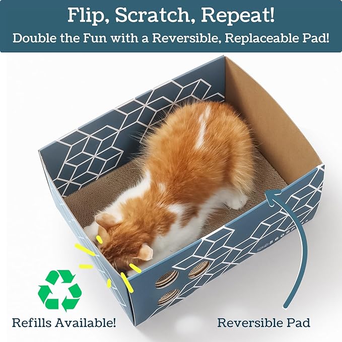 Extra Large Cardboard Cat Scratcher with 3 Refillable Double-Sided Scratch Pads, No‑Mess Cat Scratching Box for Indoor Cats