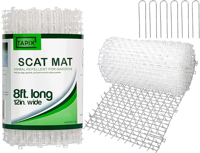 Tapix Cat Scat Mat Clear (8 ft.) with 6 Staples, Anti-cat Network with Spikes Digging Stopper - Cat Deterrent Mat for Indoor and Outdoor