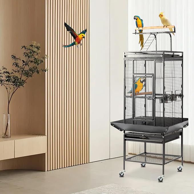 Wrought Iron Rolling Large Parrot Bird Cage,65-inch Wrought Iron Large Rolling Bird Cage with Play Top and Stand for Parrots Lovebird Cockatiel Parakeets, Black