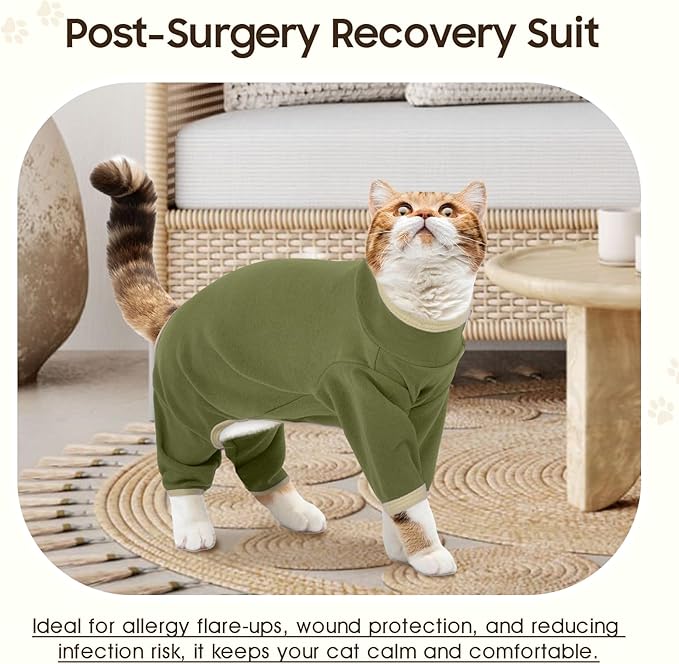 DENTRUN Cat Clothes for Hair Control with Hair Sticky Fabric - Soft Recovery Suit & Breathable Lint-Resistant Cat Sweater for Cats Only, Kitten Onesie Pajamas, XS, Army Green