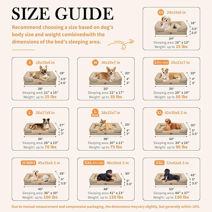 Comfort Expression Orthopedic Dog Bed for Large Dogs 35x22 Inch, Waterproof Supportive Egg Crate Foam Large Pet Bed with Removable Bolster, Dog Couch with Washable Cover & Non-Slip Bottom, Light Brown