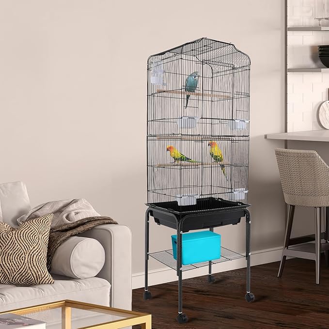Bird Cage with Wheels, Breeding Cage Wrought Iron Flight Cage with Wooden Stand, Removable Tray & Feeding Bowls for Parrots, Canaries, Lovebirds Finches, 18" L x 14.6" W x 54" H