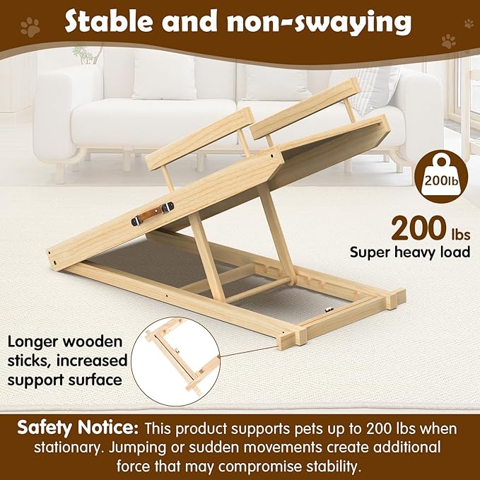 Dog Ramp for Couch, Bed or Car, Wooden 44" Long Pet Stairs for Small & Large Old Dogs & Cats, Hold up to 200lb, 5 Adjustable Height from 14.96" to 22", Portable Doggie Steps, Excellent Traction