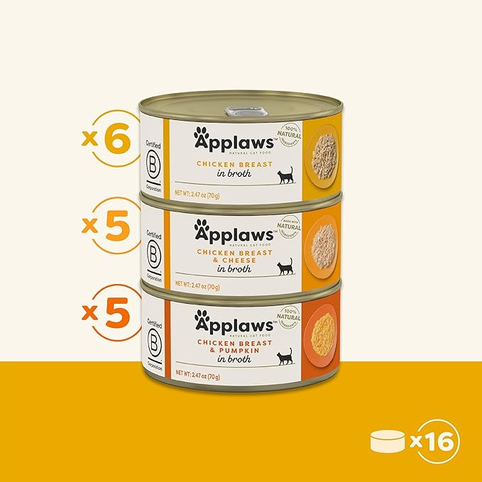 Applaws Natural Wet Canned Cat Food, Limited and Natural Ingredients, High Protein with No Artificial Additives, Chicken Selection Variety Pack in Broth (24 x 2.47oz Cans)