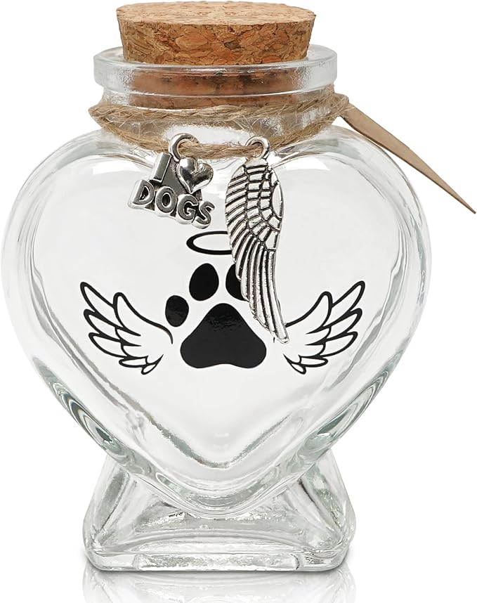 Pet Memorial Gift for Loss of Dog, Heart Shape Glass Jar & Bottle for Fur, Hair, Whiskers or Ashes Keepsake Urn with Cork Top, Charms for Cute Rainbow Bridge Memorial, Silver