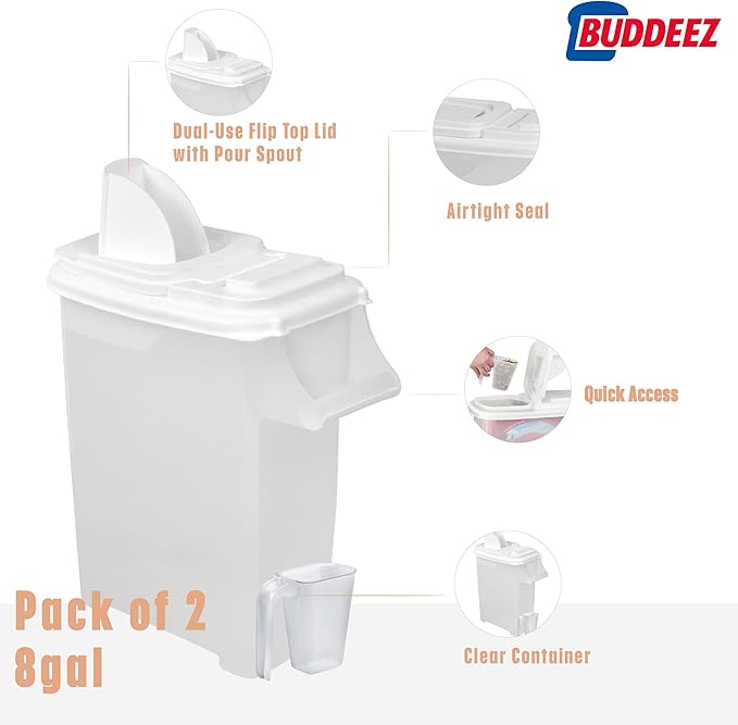 Buddeez 32 Quart Pet Food Dispenser with Lid - Airtight Storage for Dog Food, Cat Food, and Bird Seed - Easy Pour Spout for Mess Free Serving
