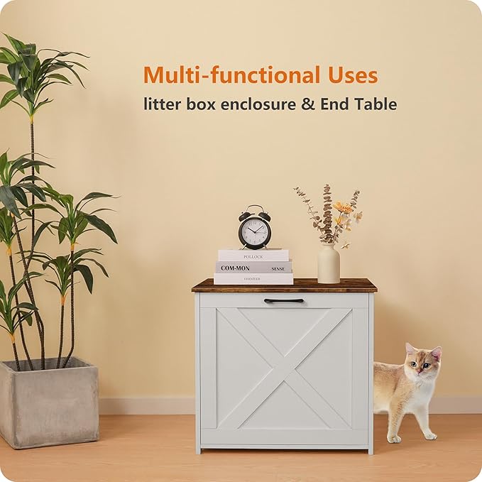Dwanton Cat Litter Box Furniture Hidden, Cat Litter Box Enclosure, Reversible Entrance Can Be on Left or Right Side, Indoor Cabinet, Wooden Washroom, End Table, White and Rustic Brown, 23.6" L