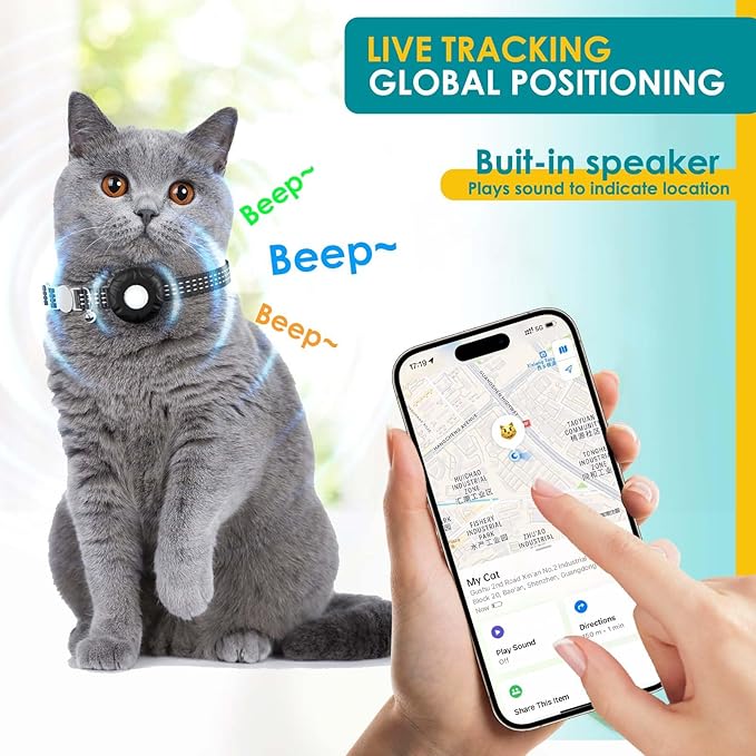 Cat Tracker, Lightweight Pet Tracker for Cats, Waterproof GPS Tracker for Cats Compatible with Apple Find My App(Only iOS), Real-Time Tracking, Precise Positioning, No Monthly Fee
