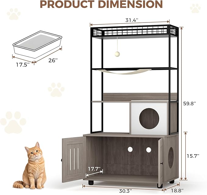 Cat Litter Box Enclosures with Storage Rack, Enclosed Litter Box Furniture, Hammock, Sisal Balls and Cat Scratching Mat
