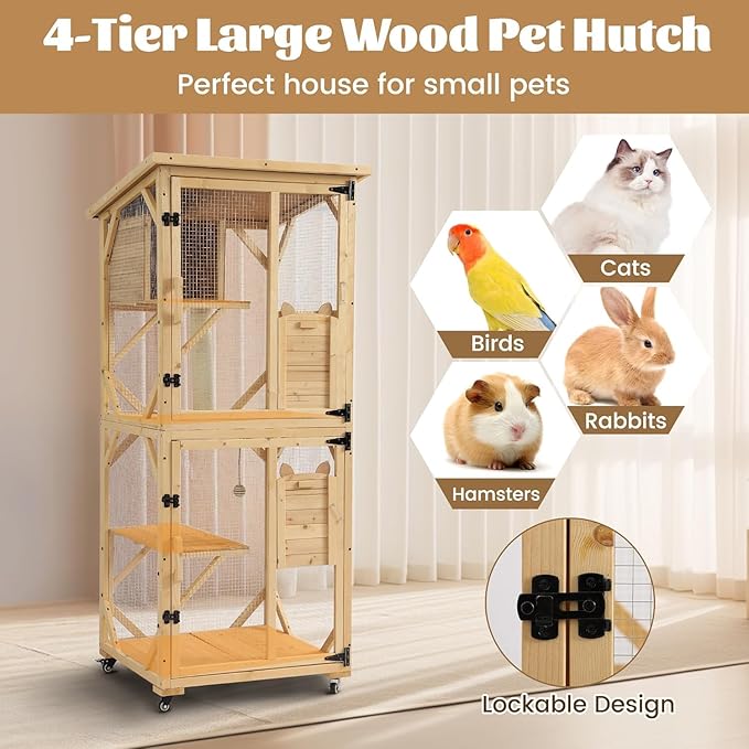 TITIMO 71" Catio Cat Enclosure Window, Large Outdoor/Indoor Cat House for Multiple Cats, Wooden Kitty Condo W/Waterproof Roof, Platforms, Resting Box, Scratching Post, Sisal Ball, Wheels