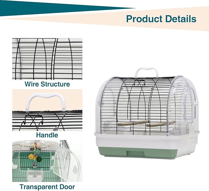 Travel Bird Cage Carrier, Portable Travel Parrot Cage with 2 Perches, 2 Food Bowls and Tray, Metal Parakeet Cages for Small to Medium Sized Birds Cockatiels Lovebirds Canaries Budgies