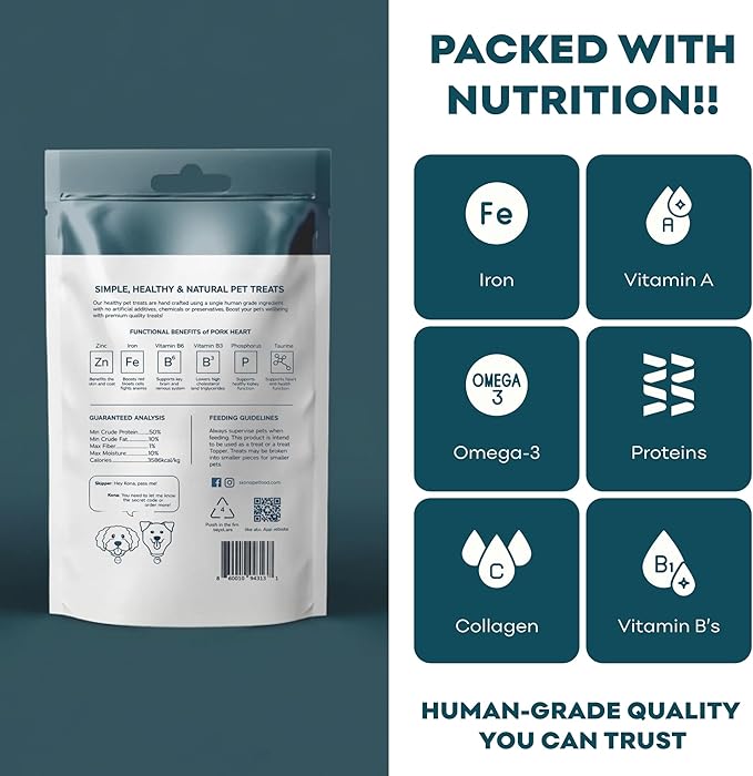 Skona PetFood Pork Heart Jerky Dog & Cat Treats, Single-Ingredient, High Protein Training Snacks, Natural & Healthy, USA Made, Rich in Nutrients, Supports Heart, Eye & Dental Health, 4oz