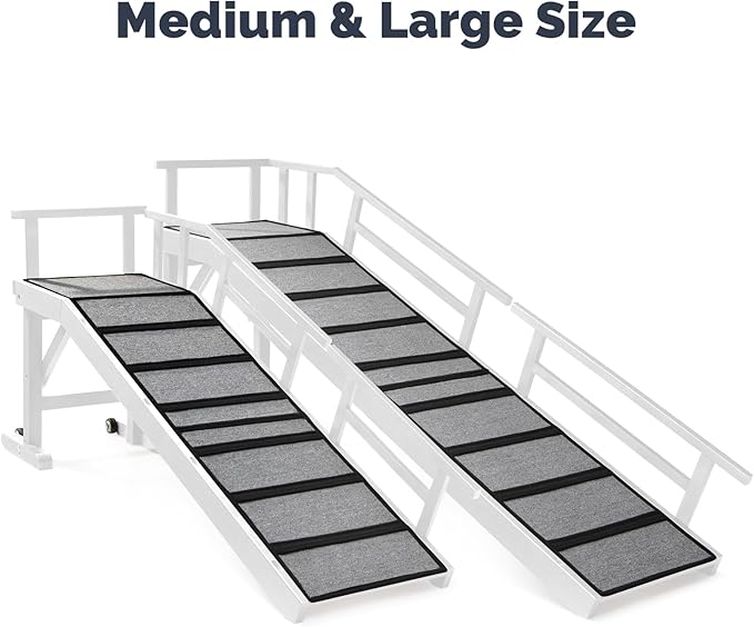Dog Ramp for Bed or Couch, Wooden Pet Ramp with 20° Gentle Slope, Removable Side Rails, Non-Slip Surface, Top Platform & Wheels, Safe Bed Ramp for Small, Large & Senior Dogs, 60" Long, White