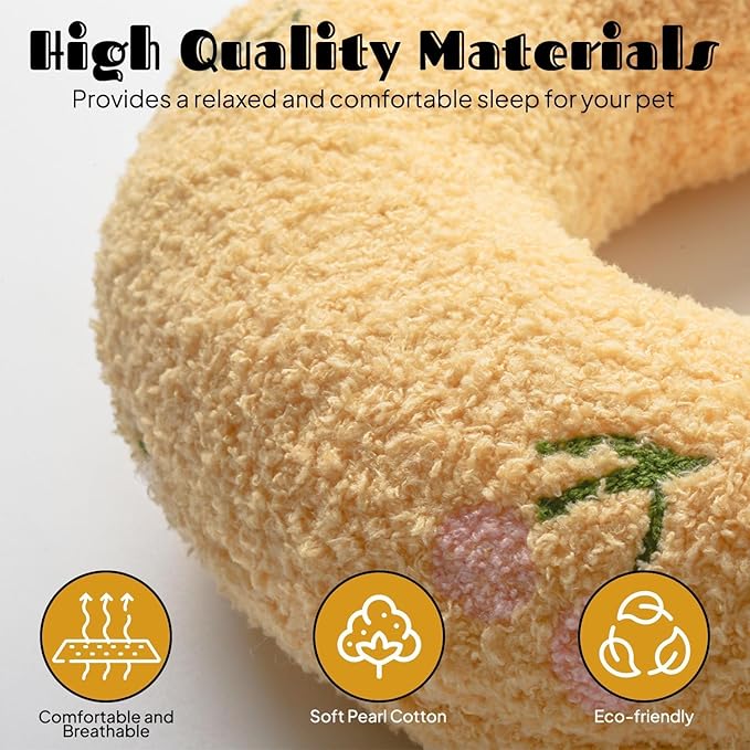 U-Shaped Calming Pillow for Cats and Dogs - Super Soft Plush Fabric, Cozy Headrest, Neck Support for Deep Sleep, Kitten Headrest, Pet Bed (White + Yellow)