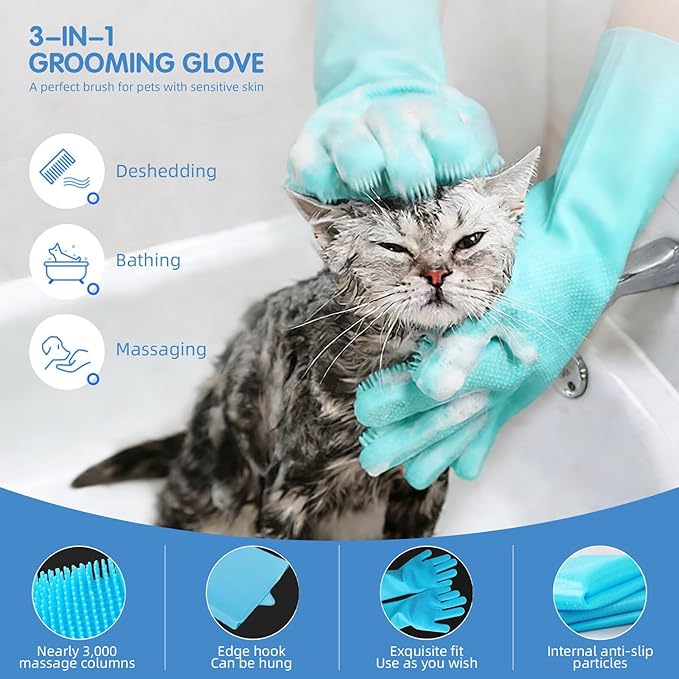 Aglads 3PCS Cat Rabbit Bunny Dog Grooming Kit, Self-Cleaning Slicker Cat & Dog Brush for Shedding, Fine-Needle Comb, Pet Nail Clipper & File for Long/Short-Haired Pets, Easy to Remove Loose (3, blue)