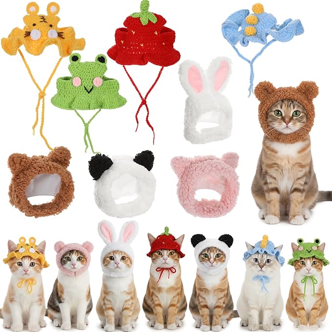 8 Pcs Cat Costume Hats, Cat Costume Halloween Bunny Hat Outfit with Ears, Cute Bear Pet Hat, Funny Pet Hats for Kitten and Small Dogs Puppy Party Christmas Easter Accessory Headwear