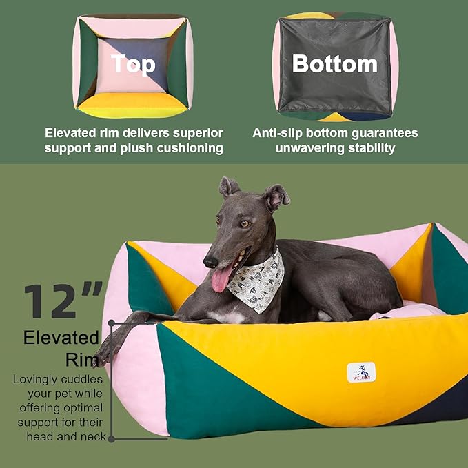Washable Rectangle Dog Bed with Removable Cover, Color-Block Gingham Cotton Large Dog Sofa, Durable Breathable Scratch Resistant Pet Bed, Large