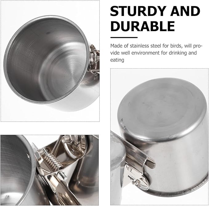 POPETPOP 2pcs Stainless Steel Bird Feeder Bowls with Clamp 5.5cm and 7cm Feeding Cups for Parrots and Small Birds for Feeding and Watering Supplies
