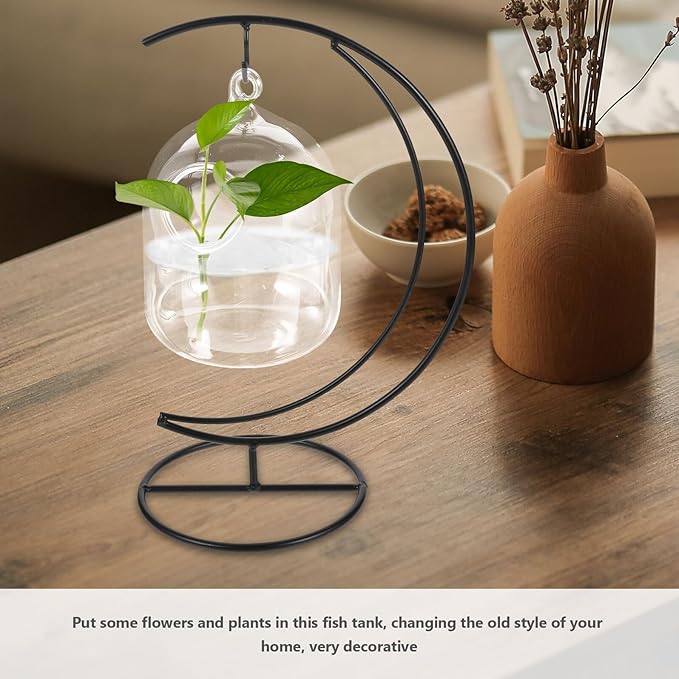 POPETPOP Hanging Glass Betta Fish Bowl with Moon-Shaped Iron Stand, 12cm Tabletop Aquarium Tank for Home Decor and Betta Fish Care
